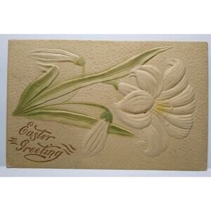 Easter Postcard Airbrushed lily Flower Raised Image Greetings 1909 Vintage